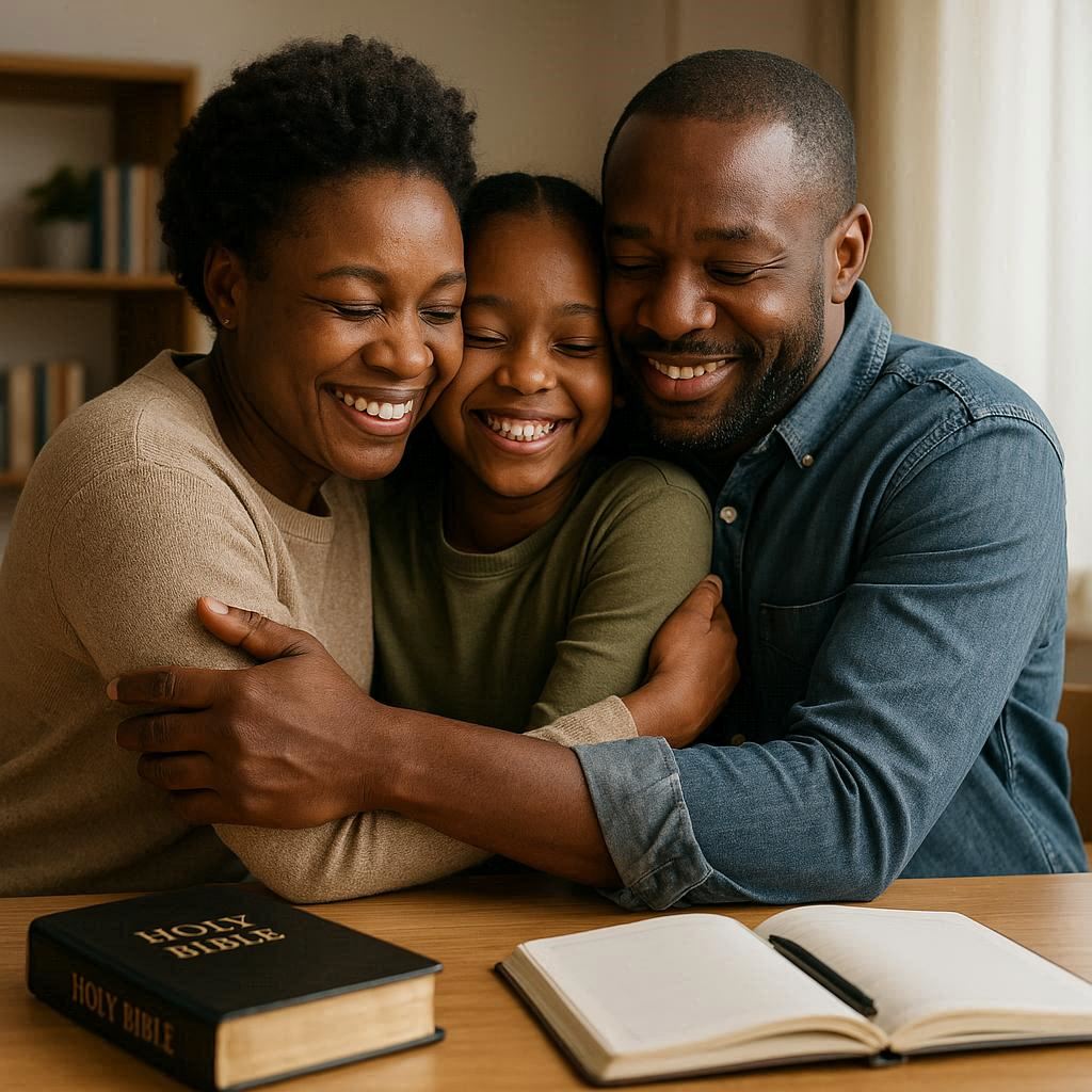 African Parents hugging their child warmly with Bible on the Study-table.