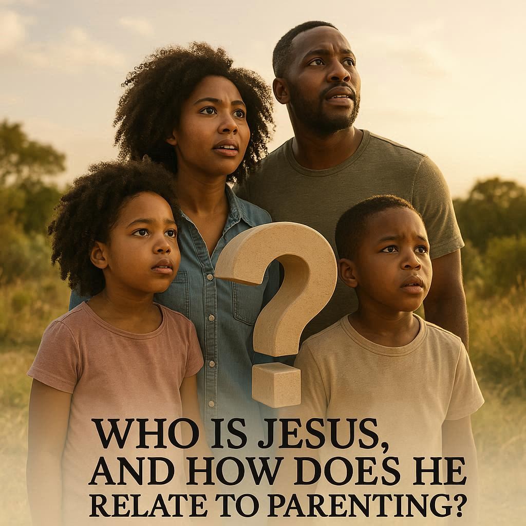 Photo of a curious African family (father, mother, and two children) standing together in a natural outdoor setting, looking ahead with curiosity.