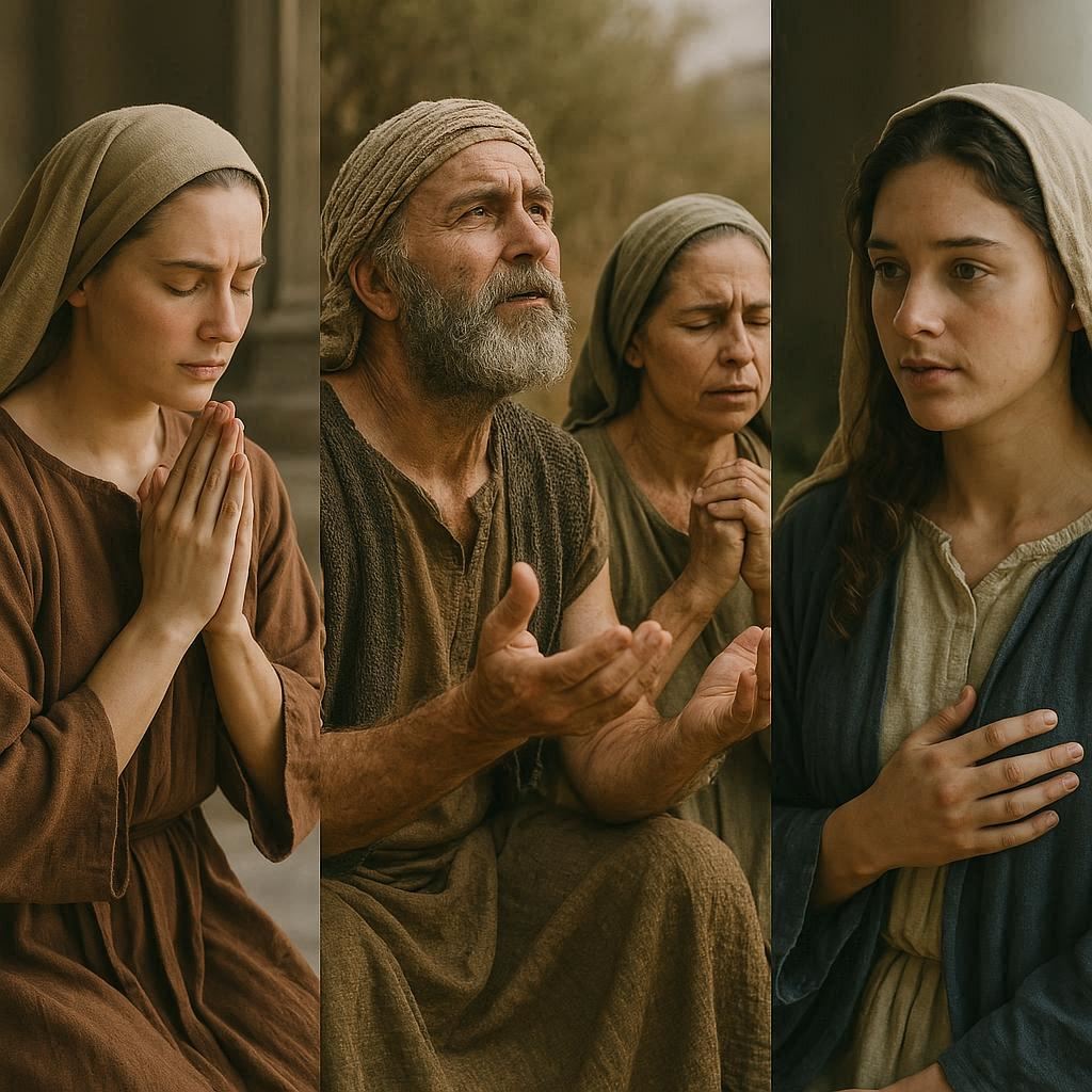 Biblical parents — Hannah praying in the temple, Manoah and his wife seeking God for Samson, and Mary pondering after angelic visitation.
