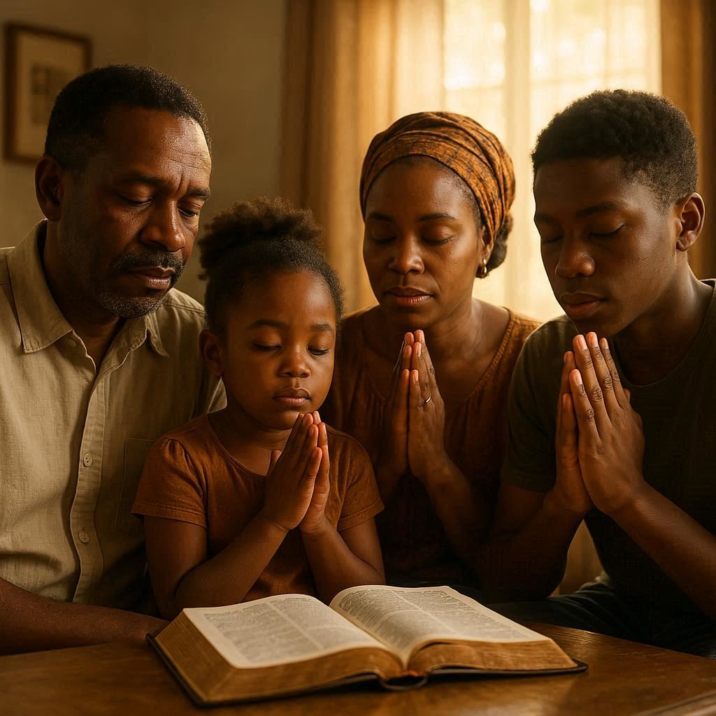  An African praying family in a peaceful room, Bible open, with a warm heavenly glow.