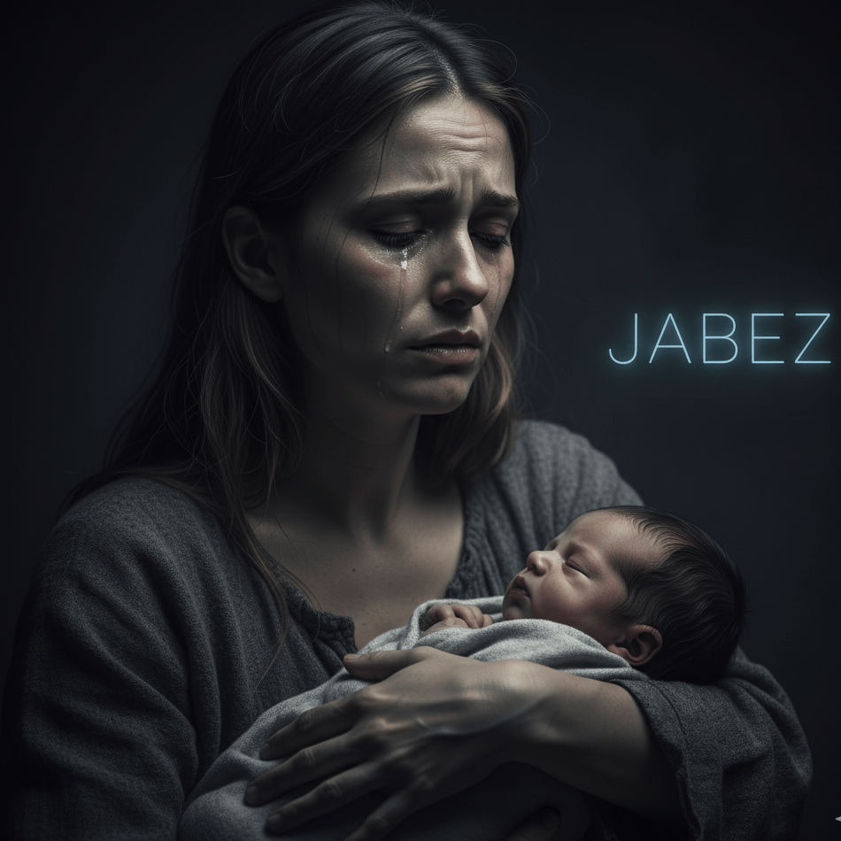 A shadowy image of a woman crying while naming her baby, with “Jabez” written faintly in the background.