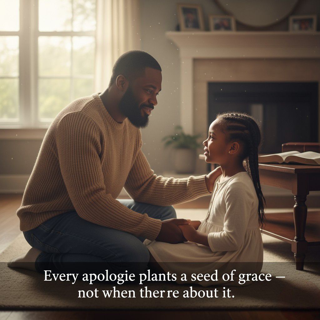 Christian uncle apologizing to young niece indoors, emotional connection, warm sunlight, godly parenting, family humility, inspirational scene