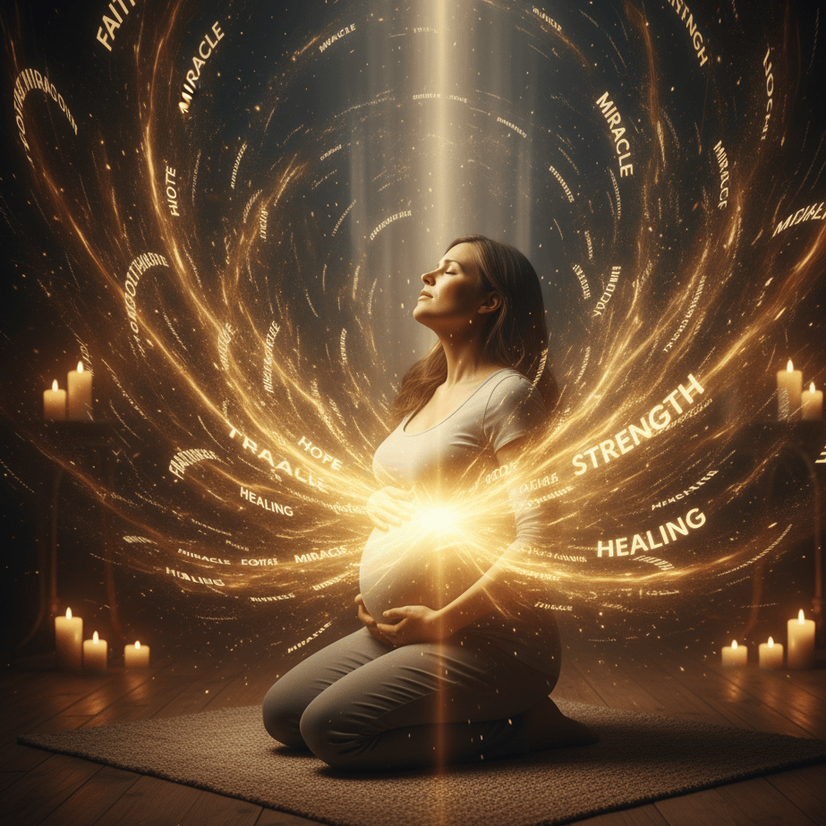 A glowing silhouette of a mother praying with her hands on her belly, with light forming the image of a baby