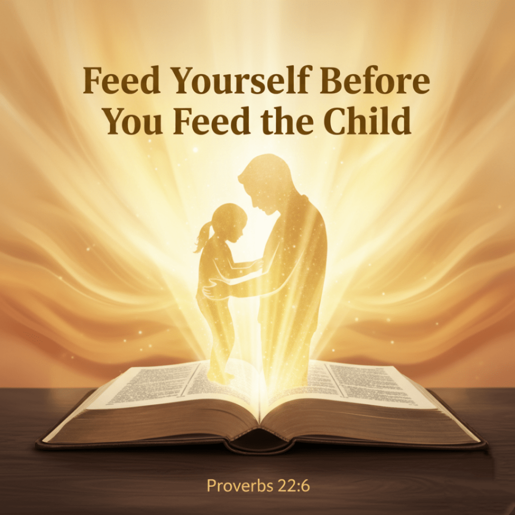 An open Bible with light rays shining upward, forming the shape of a parent and child silhouet.
