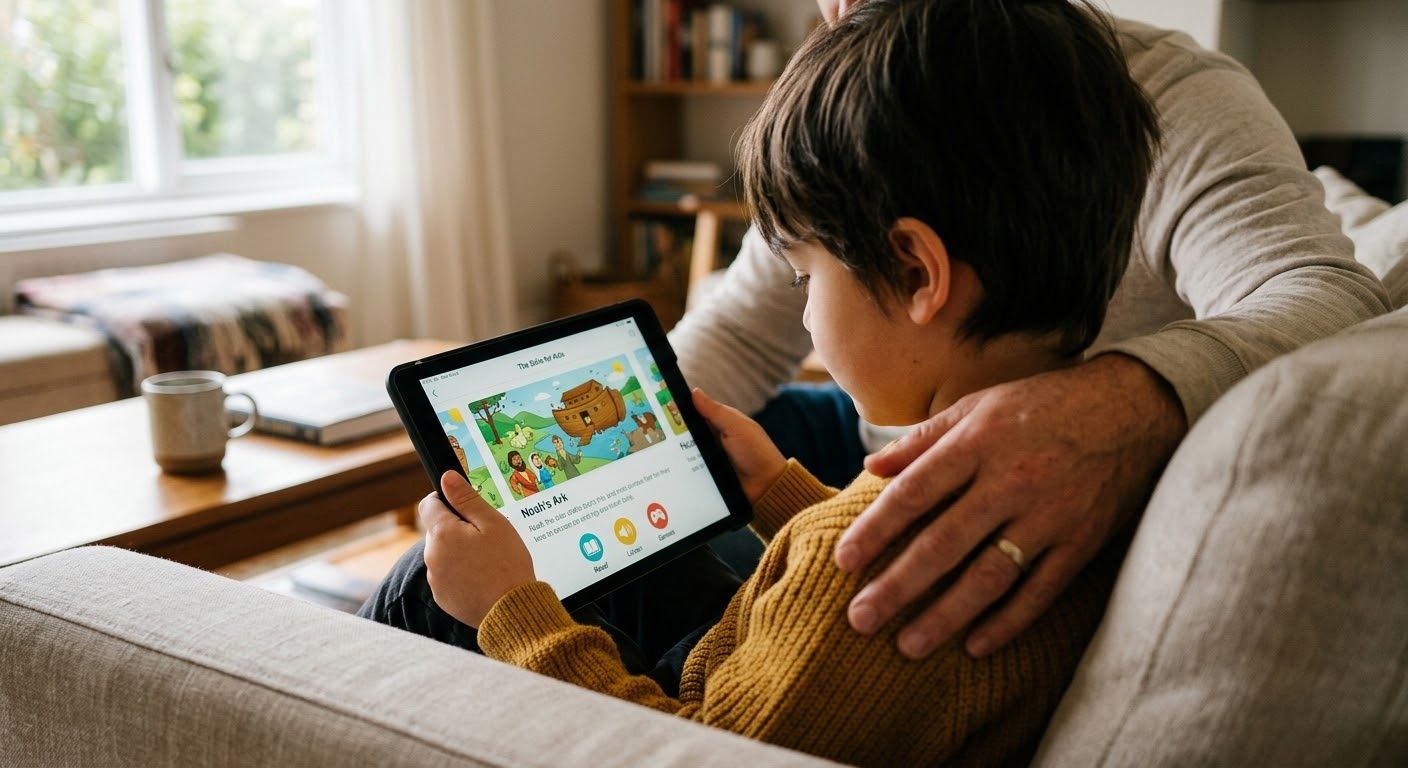 A child holding a tablet showing a Bible app