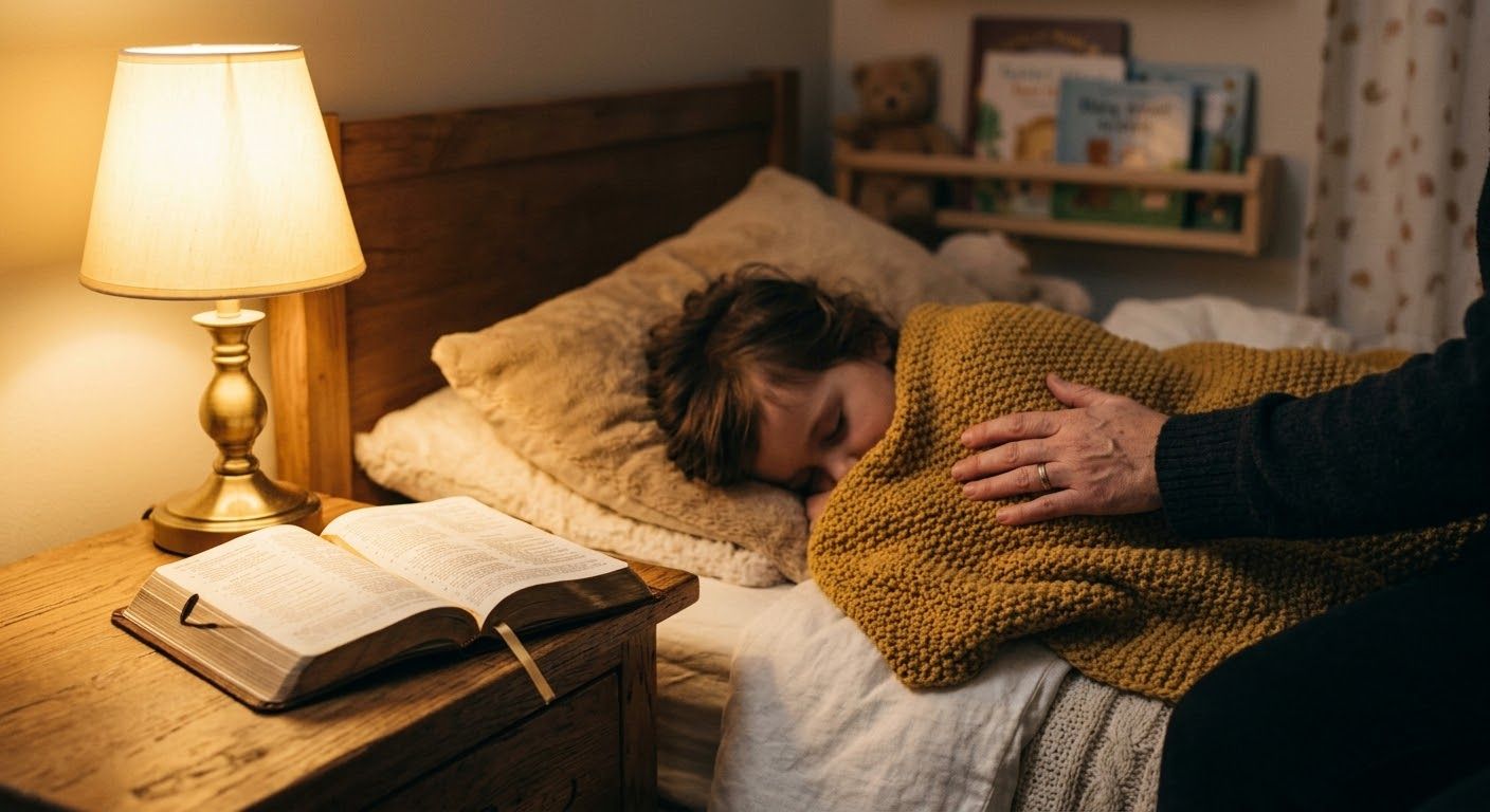 : A parent's hand resting on a sleeping child's blanket at bedtime