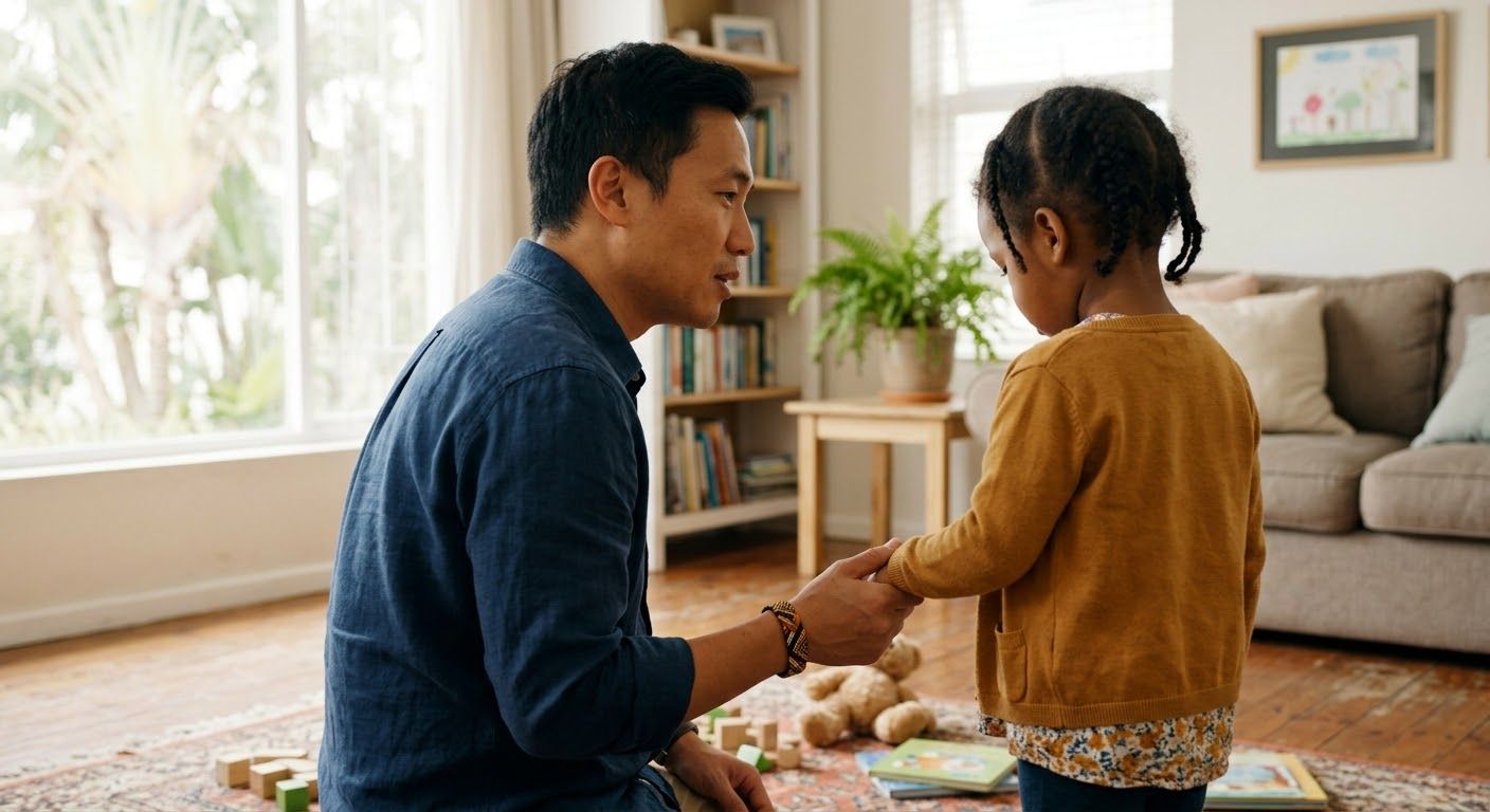 A parent kneeling at eye level with a child, speaking calmly