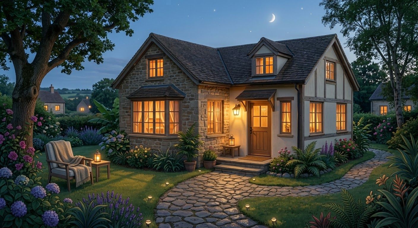 A warm house with glowing windows at dusk