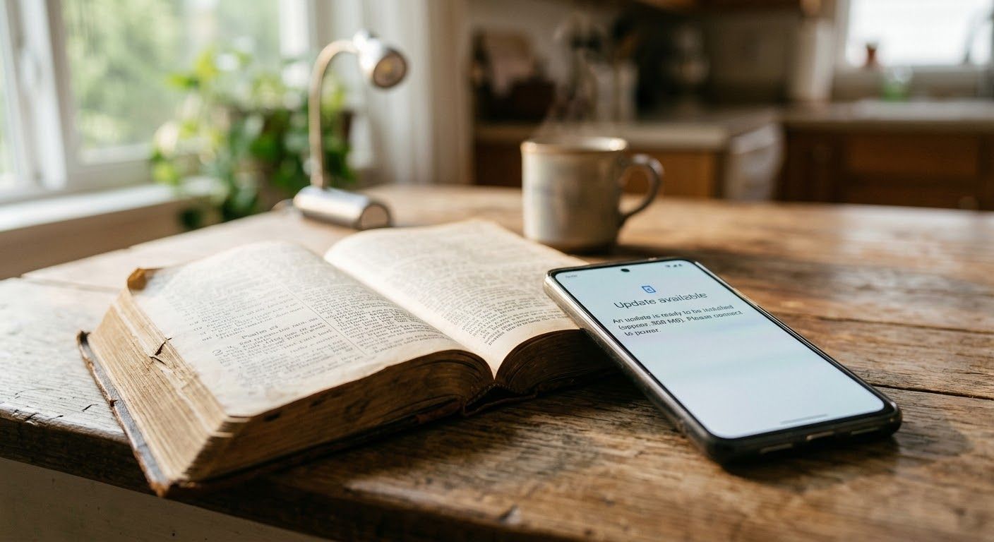 Hands holding an open Bible with blurred screens in the background