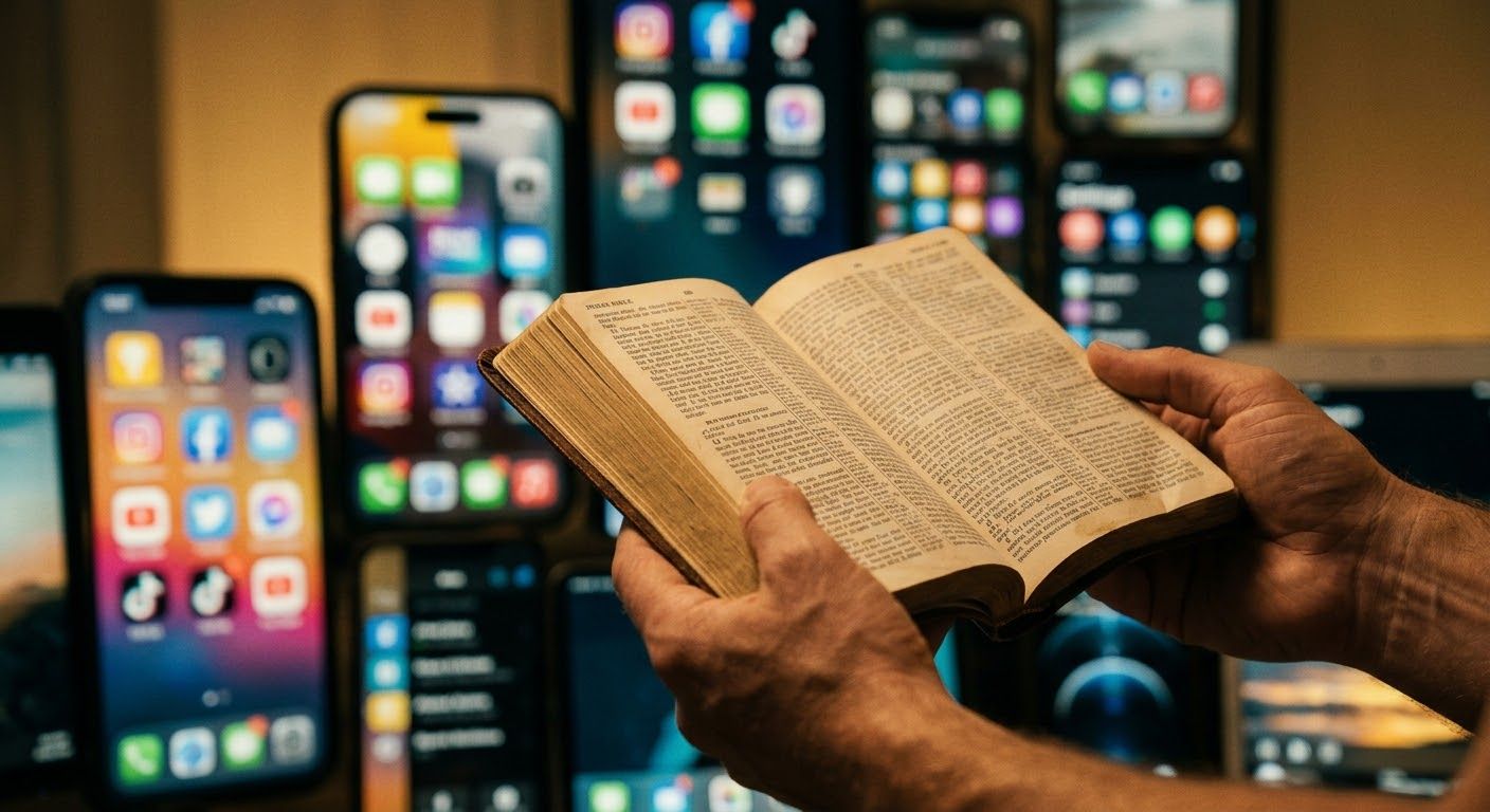 A phone showing an update notification beside an open Bible